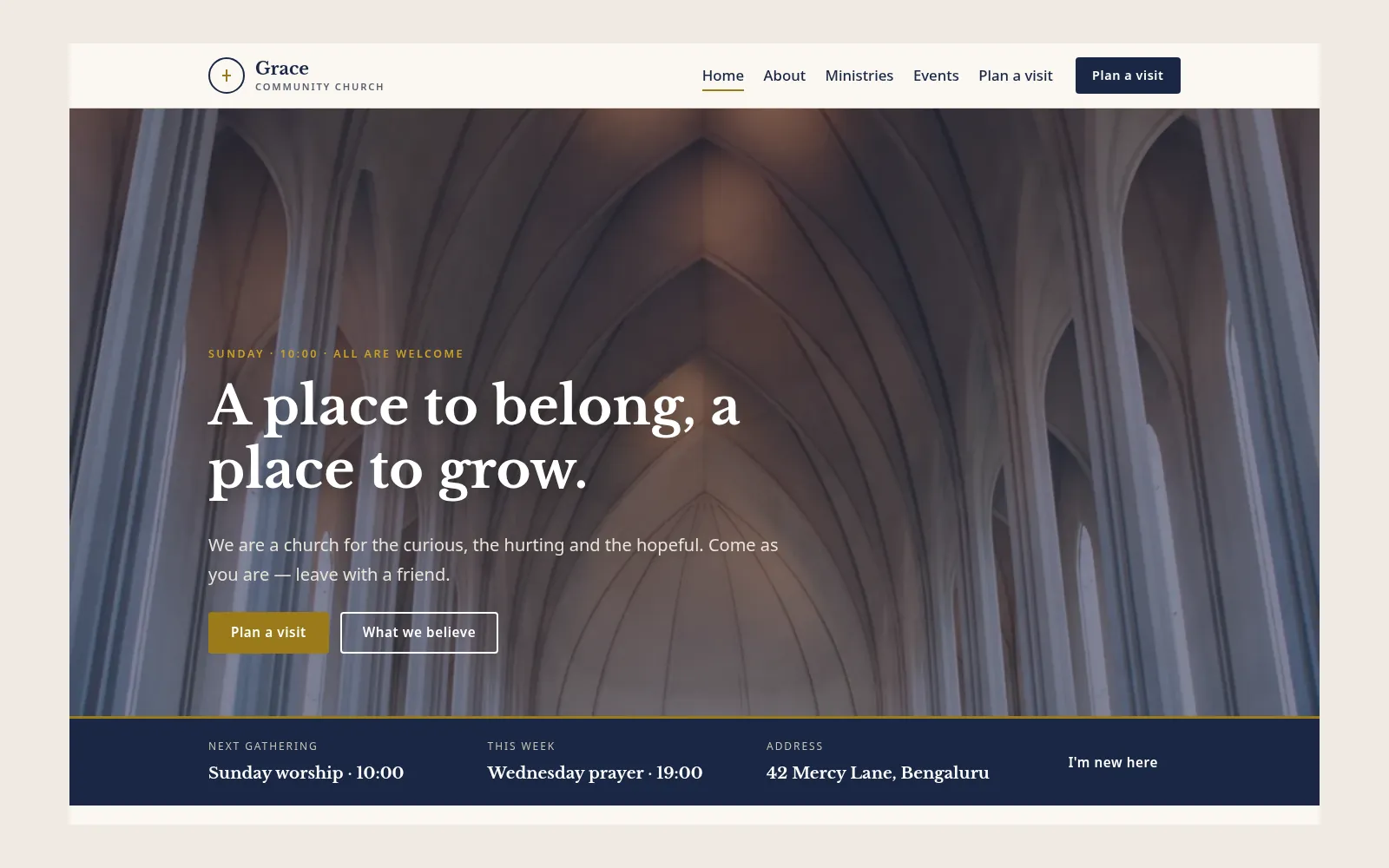 Church template home page with service times