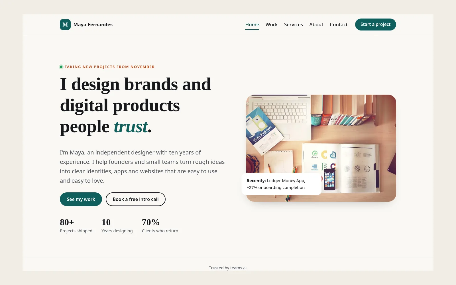 Portfolio template home page on desktop