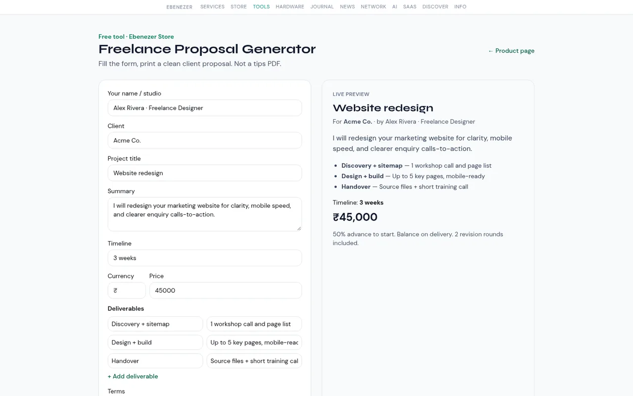 Freelance Proposal Generator with a live proposal preview