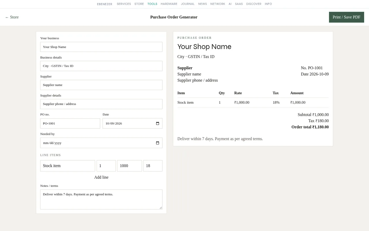 Purchase Order Generator with a live order preview