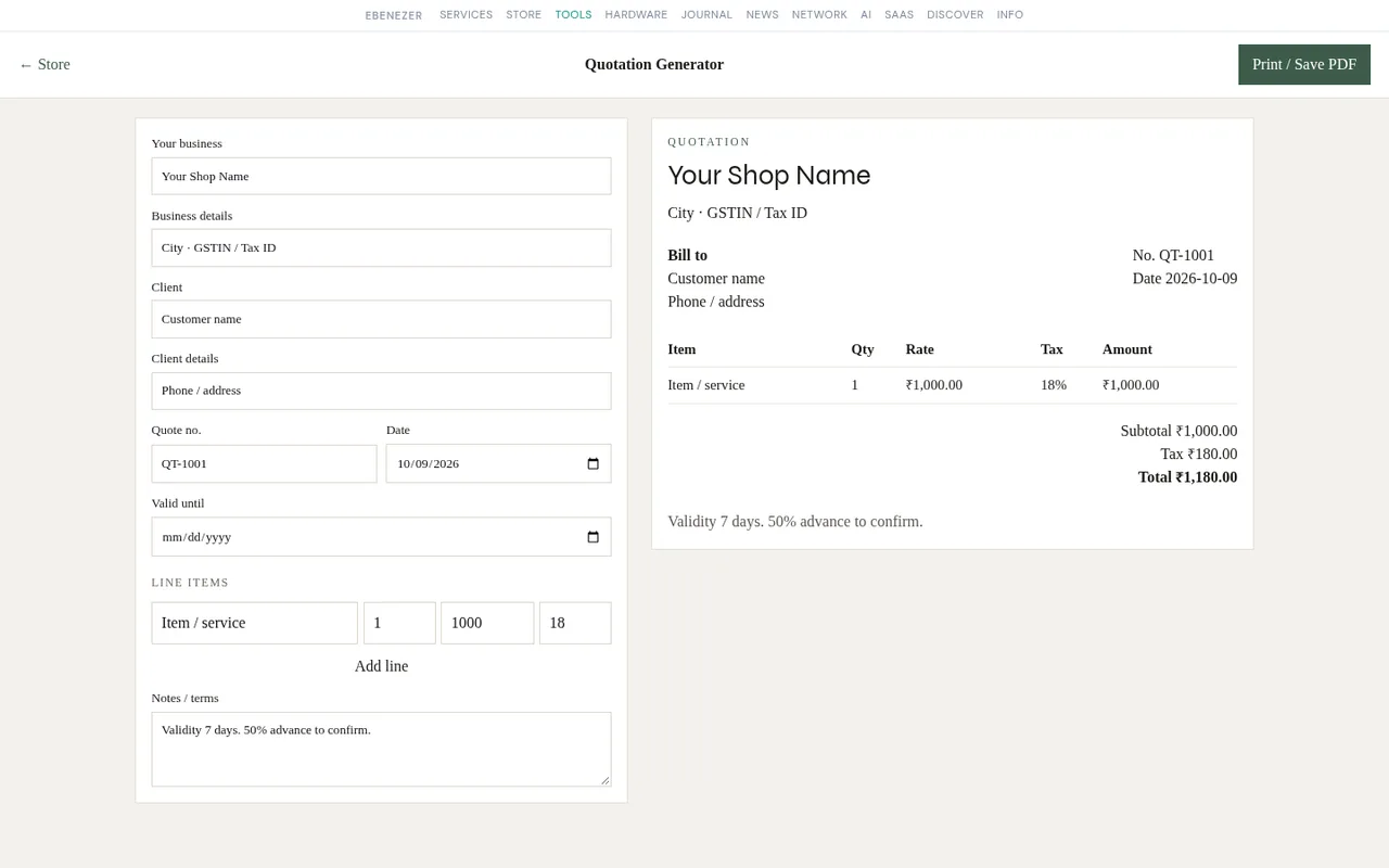 Quotation Generator with a live quotation preview